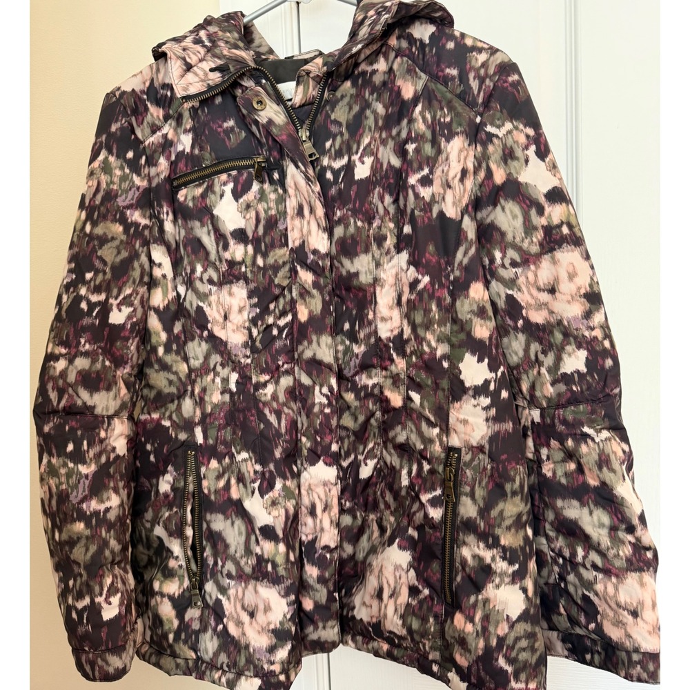 New York & Company Women Abstract Floral Ikat Puffer Jacket Hooded Purple M